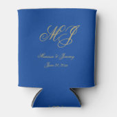 Elegante Saffier Blauw Goud Monogram Huwelijk Blikjeskoeler (Voorkant)