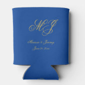 Elegante Saffier Blauw Goud Monogram Huwelijk Blikjeskoeler (Achterkant)
