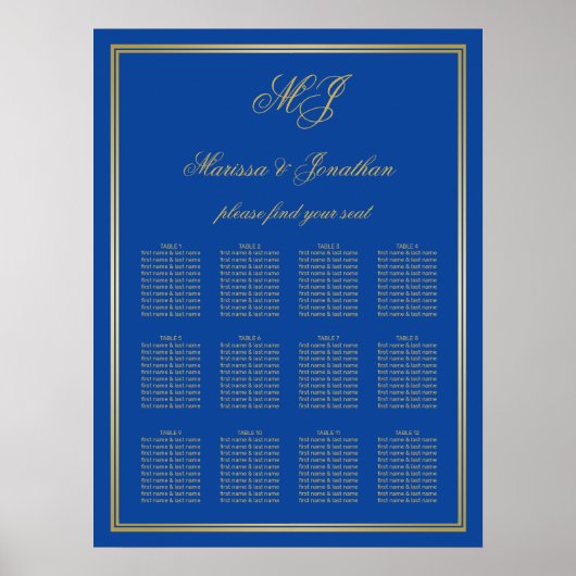 Elegante Saffier Blauw Goud Monogram Lijst Zitplaa Poster (Voorkant)