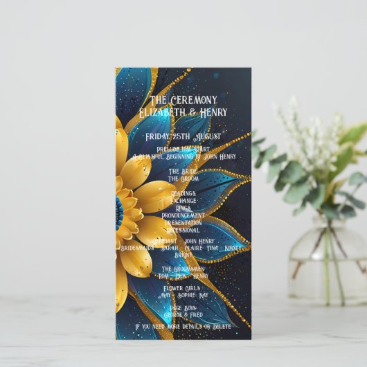 Elegante saffier en gouden bloemen bruiloft (Staand voorkant)