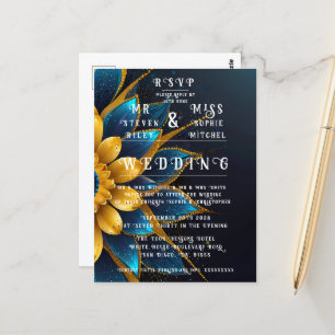 Elegante saffier en gouden bloemenbruiloft briefkaart