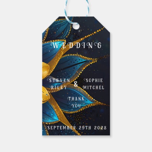 Elegante saffier en gouden bloemenbruiloft cadeaulabel (Voorkant)