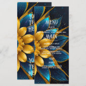 Elegante saffier en gouden bloemenbruiloft menu (Voorkant / Achterkant)