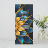 Elegante saffier en gouden bloemenbruiloft menu (Staand voorkant)