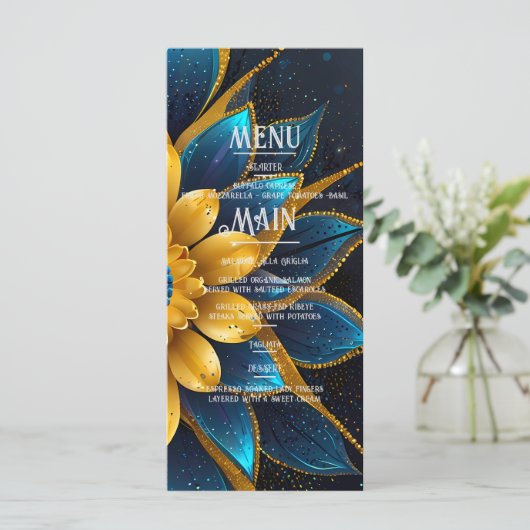 Elegante saffier en gouden bloemenbruiloft menu (Staand voorkant)