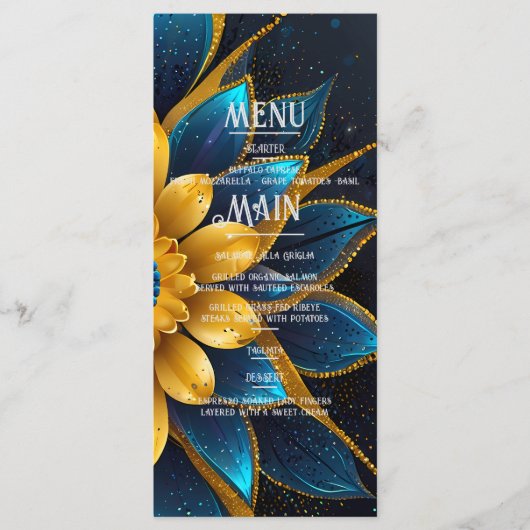 Elegante saffier en gouden bloemenbruiloft menu (Voorkant)