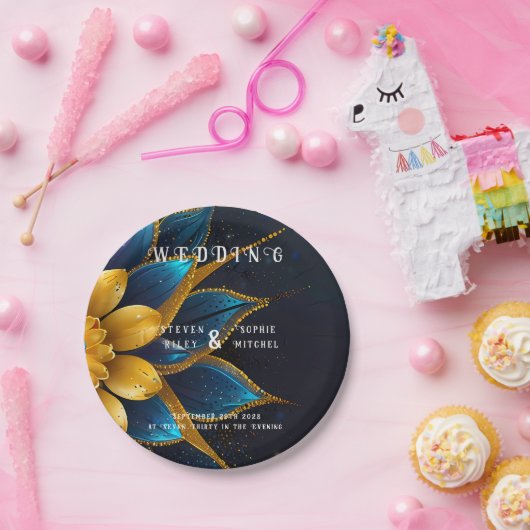 Elegante saffier en gouden bloemenbruiloft papieren bordje (Feest)