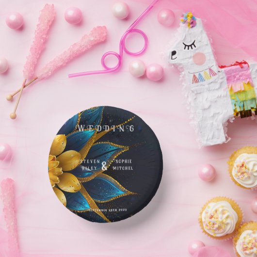 Elegante saffier en gouden bloemenbruiloft papieren kommen (Feest)