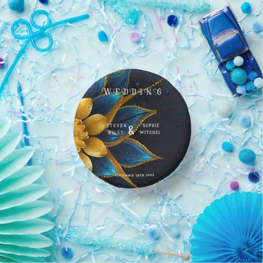 Elegante saffier en gouden bloemenbruiloft papieren kommen (Feest)