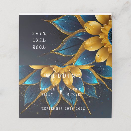 Elegante saffier en gouden bloemenbruiloft plaatskaartje (Buitenkant ongevouwen)