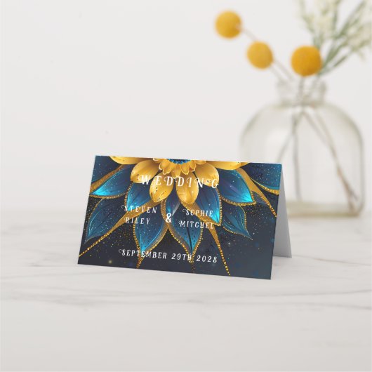 Elegante saffier en gouden bloemenbruiloft plaatskaartje (Voorkant)