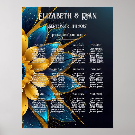 Elegante saffier en gouden bloemenbruiloft poster (Voorkant)