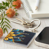 Elegante saffier en gouden bloemenbruiloft sleutelhanger (Voorkant Rechts)