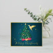 Elegante Saffier Kolibrie & Kerstboom Folie Feestdagen Briefkaart (Staand Voorkant)