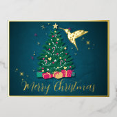 Elegante Saffier Kolibrie & Kerstboom Folie Feestdagen Briefkaart (Voorkant)