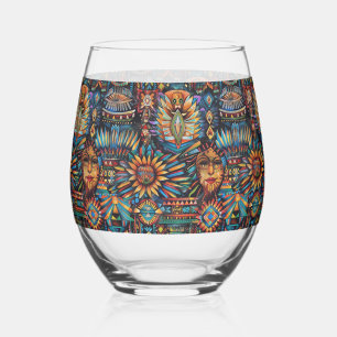 Elegante saffier "Pre-Columbian Tapestry" Stemloos Wijnglas Zonder Voet