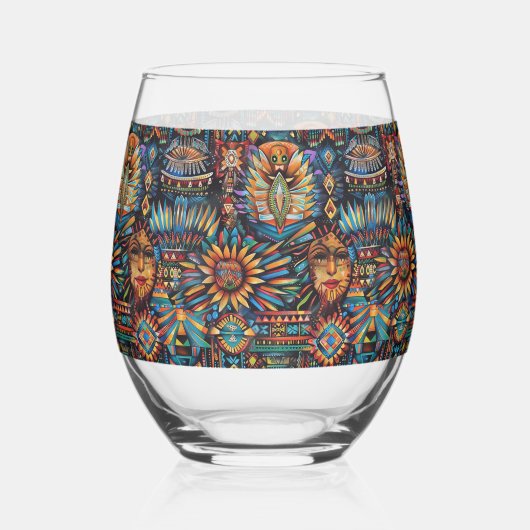 Elegante saffier "Pre-Columbian Tapestry" Stemloos Wijnglas Zonder Voet (Voorkant)