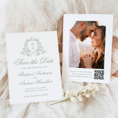 Elegante Sage Bloemkam Monogram Foto Huwelijk Save The Date