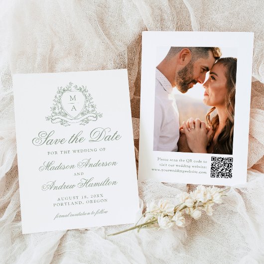 Elegante Sage Bloemkam Monogram Foto Huwelijk Save The Date