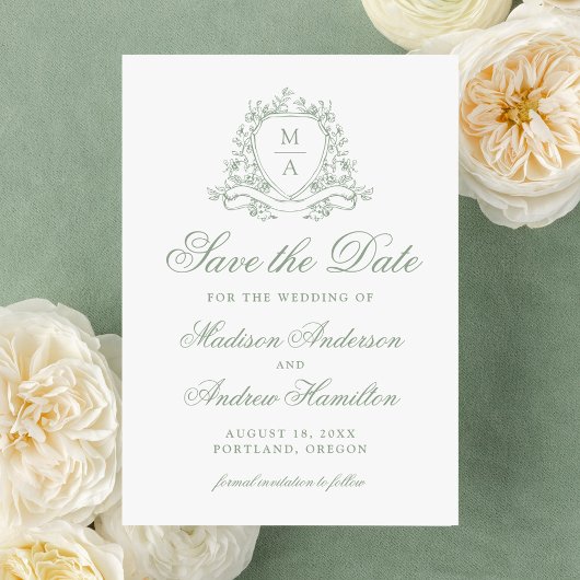 Elegante Sage Bloemkam Monogram Foto Huwelijk Save The Date