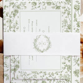 Elegante Sage Chinoiserie Crest bruiloft Uitnodigingen Wikkel