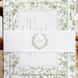 Elegante Sage Chinoiserie Crest bruiloft Uitnodigingen Wikkel