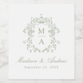 Elegante Sage Chinoiserie Crest Monogram Huwelijk Wijn Etiket (Enkel label)