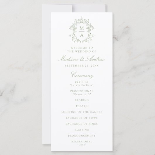 Elegante Sage Chinoiserie Crest Wedding Program (Voorkant)