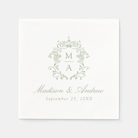 Elegante Sage Chinoiserie Monogram Crest Wedding Servet (Voorkant)