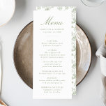 Elegante Sage Chinoiserie Victoriaans Bloemenbruil Menu<br><div class="desc">Creëer een prachtige eetervaring met onze Elegant Sage Green Chinoiserie Floral huwelijksmenu. Met elegante salie groene kalligrafie op een heldere witte achtergrond, dit aanpasbare menu stelt koppels in staat om hun namen, trouwdatum en gepersonaliseerde menu-aanbod toe te voegen. De achterkant toont een prachtig salie groen en wit Chinoiserie bloemenpatroon, het...</div>