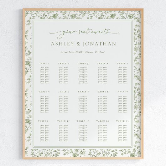 Elegante Sage Chinoiserie Wedding Seating Chart Poster
