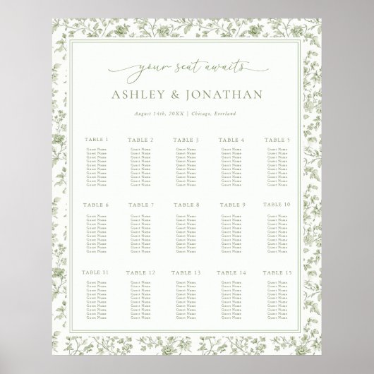 Elegante Sage Chinoiserie Wedding Seating Chart Poster (Voorkant)