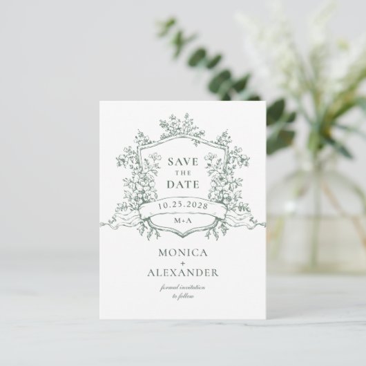 Elegante Sage Franse Tuin Bruiloft Save the Date Briefkaart (Staand voorkant)