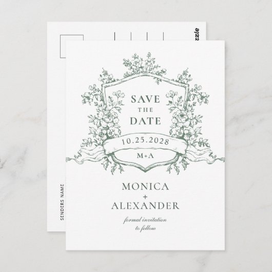 Elegante Sage Franse Tuin Bruiloft Save the Date Briefkaart (Voorkant / Achterkant)
