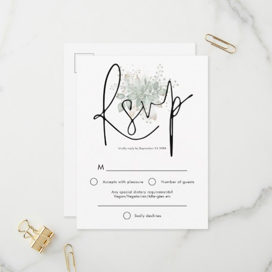 Elegante Sage gebladerte Zwart Script Wedding RSVP Uitnodiging Briefkaart (Voorkant / Achterkant in situ)