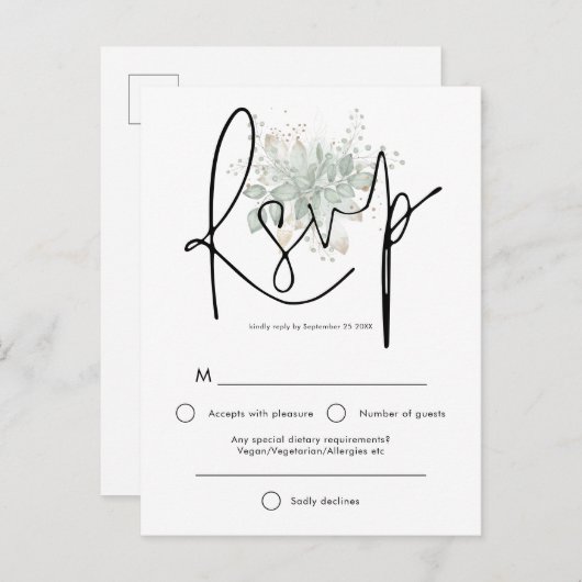 Elegante Sage gebladerte Zwart Script Wedding RSVP Uitnodiging Briefkaart (Voorkant / Achterkant)