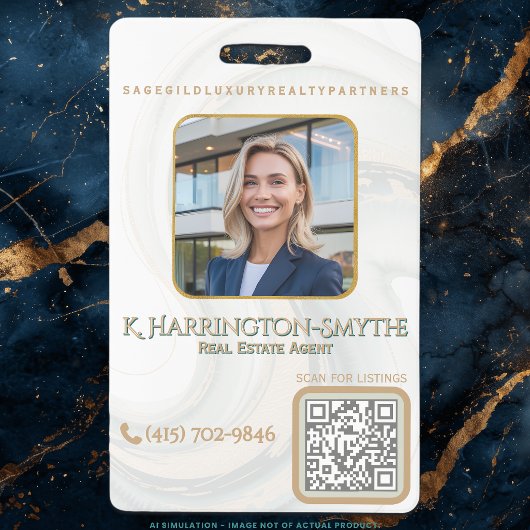 Elegante Sage Gold Makelaar Foto ID/QR Code Contac Badge