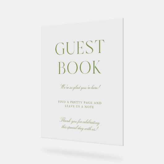 Elegante Sage Green Acryl Huwelijk Guest Book Sign Acryl Bord (Hoek)