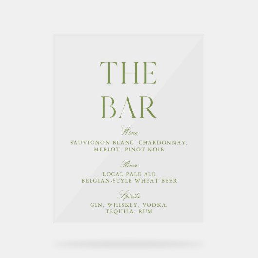 Elegante Sage Green Acryl Wedding Bar Menu Sign Acryl Bord (Voorkant)