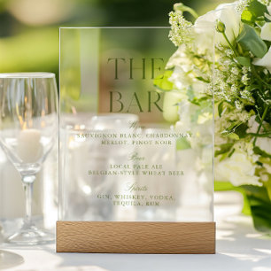 Elegante Sage Green Acryl Wedding Bar Menu Sign Bord