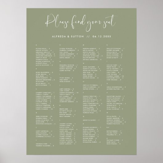 Elegante Sage Green Alfabetische zithoek Poster (Voorkant)