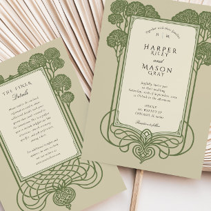 Elegante Sage Green Art Deco Tree Wedding Kaart