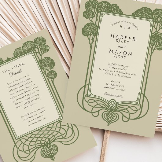 Elegante Sage Green Art Deco Tree Wedding Kaart