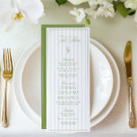 Elegante Sage Green & Beige Gestreepte Trouwmenu Menu<br><div class="desc">Dit elegante huwelijksmenu heeft een zacht beige gestreepte achtergrond in combinatie met verfijnde saliegroene serif-typografie en delicate scriptaccenten. Ontworpen voor tuinbruiloften, formele buitenrecepties en tijdloze vieringen. De achterkant bevat aanpasbare initialen (verwijderen indien niet nodig), die een persoonlijk tintje voor uw evenement bieden. Volledig bewerkbaar met uw maaltijdselecties en details om...</div>
