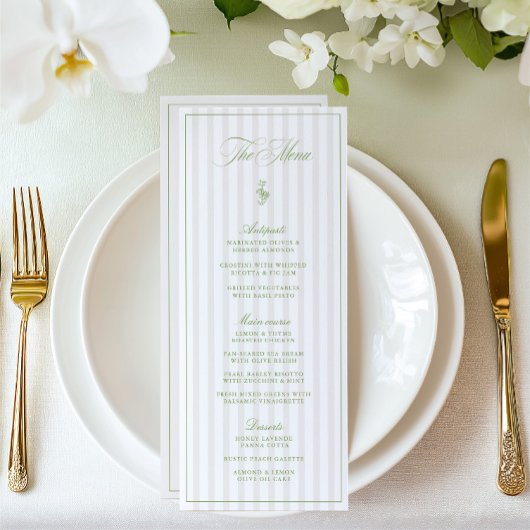 Elegante Sage Green & Beige Gestreepte Trouwmenu Menu