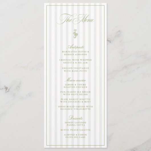 Elegante Sage Green & Beige Gestreepte Trouwmenu Menu (Voorkant)