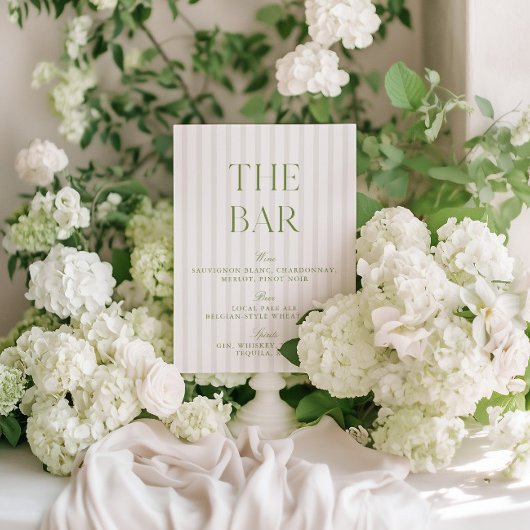 Elegante Sage Green & Beige Wedding Bar Sign Kaart