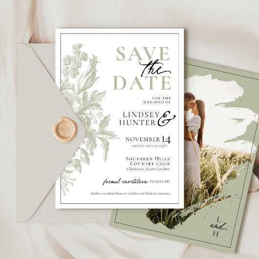 Elegante Sage Green Bloemen Fotobruiloft Save The Date