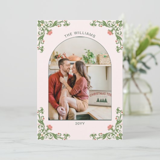 Elegante Sage Green Bloemen Kerstfoto Groeten Feestdagenkaart (Staand voorkant)