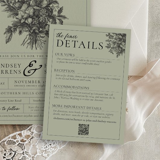 Elegante Sage Green  Bloemen Trouwdetails Informatiekaartje